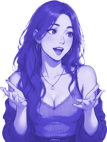 Ilustração de uma personagem sorrindo, em tons de violeta